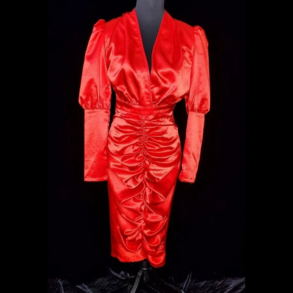 PrettyLittleThing Red Satin Ruched Skirt Puff Sleeve Midi Dress‎